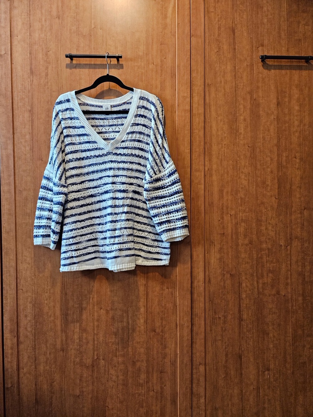 Cozy Striped V‑Neck Lightweight Knit Sweater White and Navy